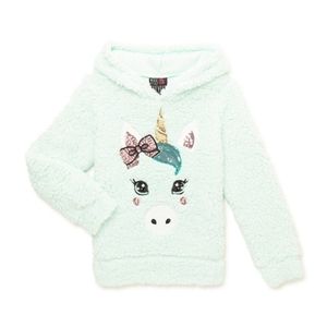 NWT Miss Chievous Girls' Sequin Critter Plush Faux Sherpa Pullover Hoodie